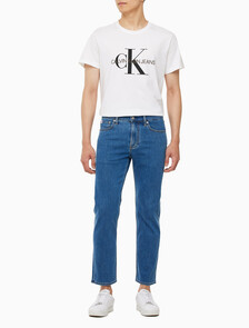 Buy 남성 슬림 스트레이트 크롭핏 미드블루 에코 쿨 데님 in color MID BLUE BACK EMBRO