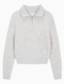 Buy 여성 크롭 하프 집 울 스웨터 in color LIGHT GREY HEATHER
