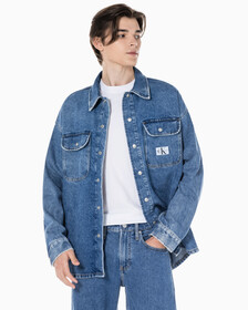 Buy 남성 박시 루즈핏 데님 셔츠 in color MID BLUE BACK EMBRO