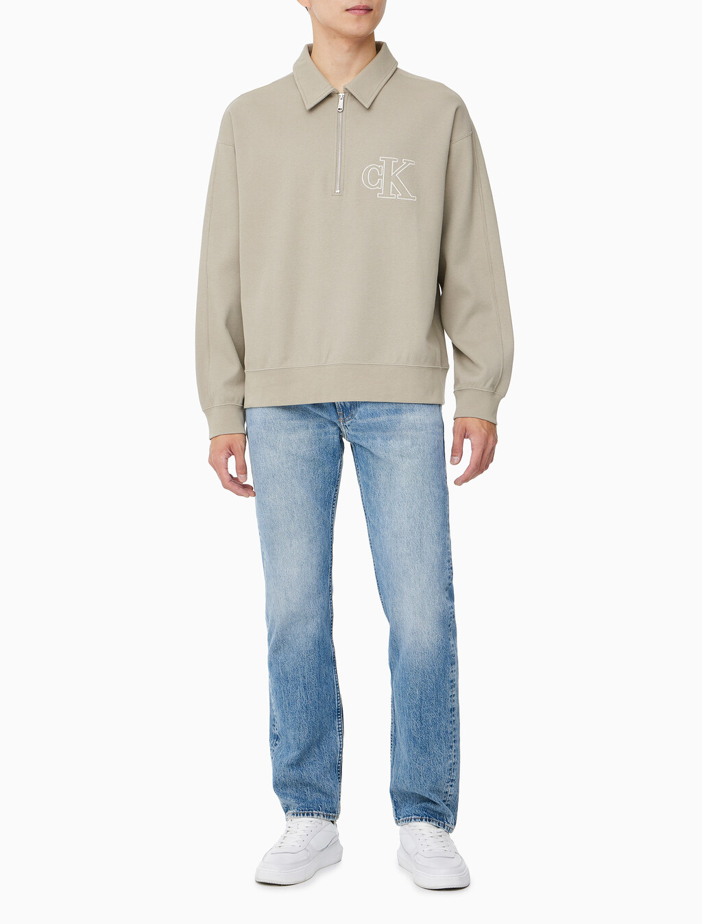 Buy 남성 더블 니트 로고 하프 집업 폴로 스웻셔츠 in color VINTAGE KHAKI