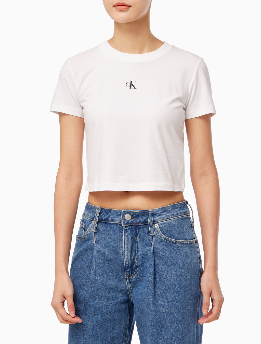 Buy 여성 슬림핏 베이비 크롭 반팔 티셔츠 in color BRIGHT WHITE