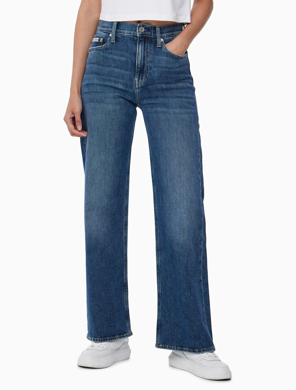 Buy 여성 하이라이즈 와이드핏 미드블루 데님 in color MID BLUE BACK EMBRO