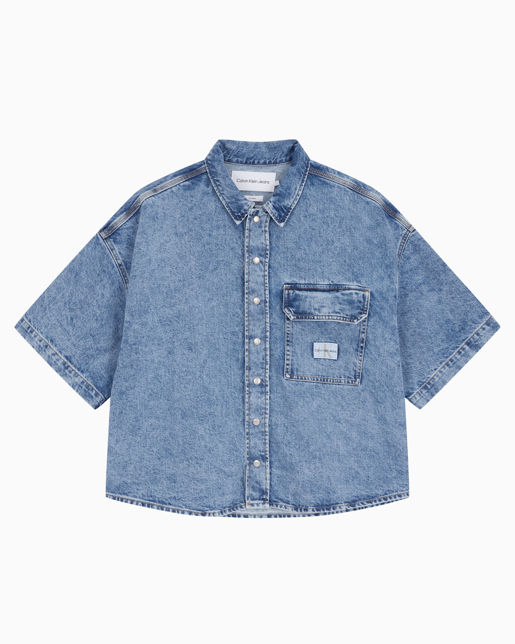 Buy 남성 오버사이즈핏 빈티지 데님 반팔 셔츠 in color MID BLUE BACK EMBRO