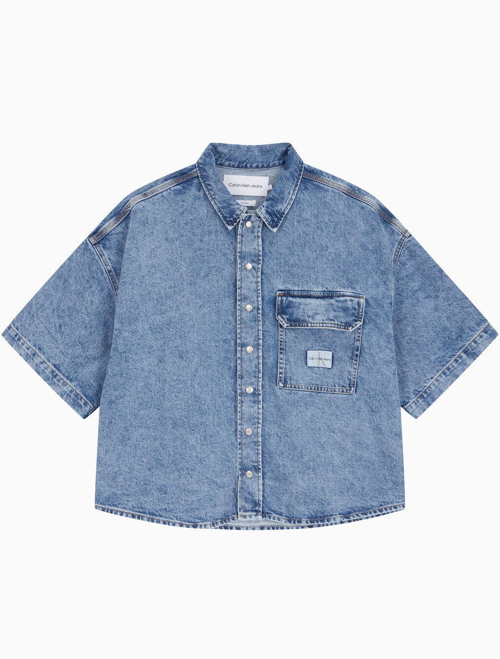 Buy 남성 오버사이즈핏 빈티지 데님 반팔 셔츠 in color MID BLUE BACK EMBRO