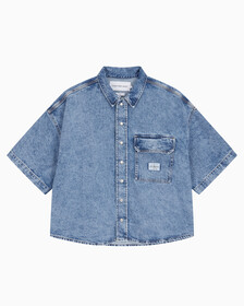 Buy 남성 오버사이즈핏 빈티지 데님 반팔 셔츠 in color MID BLUE BACK EMBRO