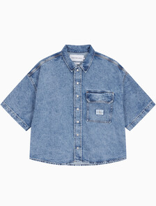 Buy 남성 오버사이즈핏 빈티지 데님 반팔 셔츠 in color MID BLUE BACK EMBRO