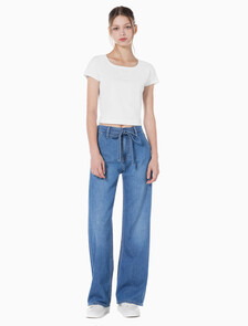Buy 여성 하이라이즈 와이드핏 미드블루 텐셀 데님 in color MID BLUE BACK EMBRO