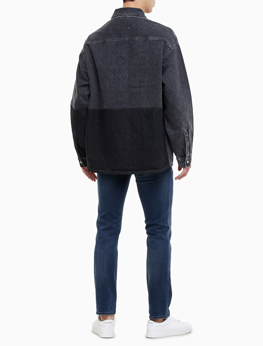 Buy 남성 오버사이즈 유틸리티 블랙 데님 셔츠 재킷 in color GREY STEPPED RELEASE HEM