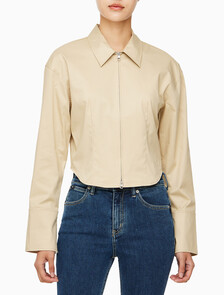 Buy 여성 지퍼 코튼 롱 슬리브 탑 in color PALE KHAKI