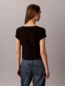 Buy 여성 우븐라벨 베이비립 브이넥 티 in color BLACK