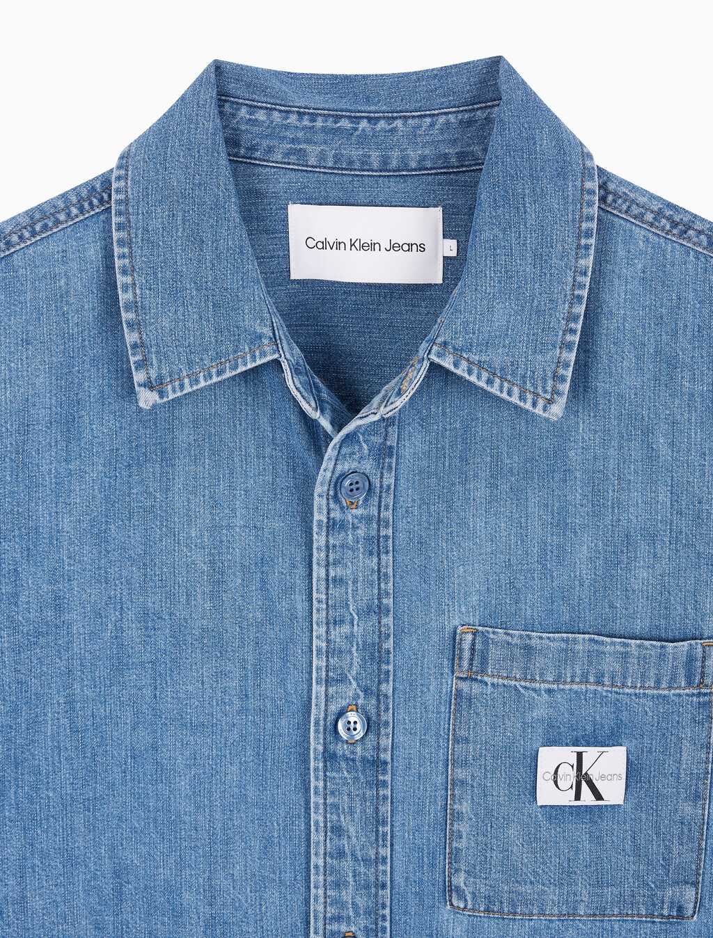 Buy 남성 캠프 반팔 데님 셔츠 in color MID BLUE BACK EMBRO