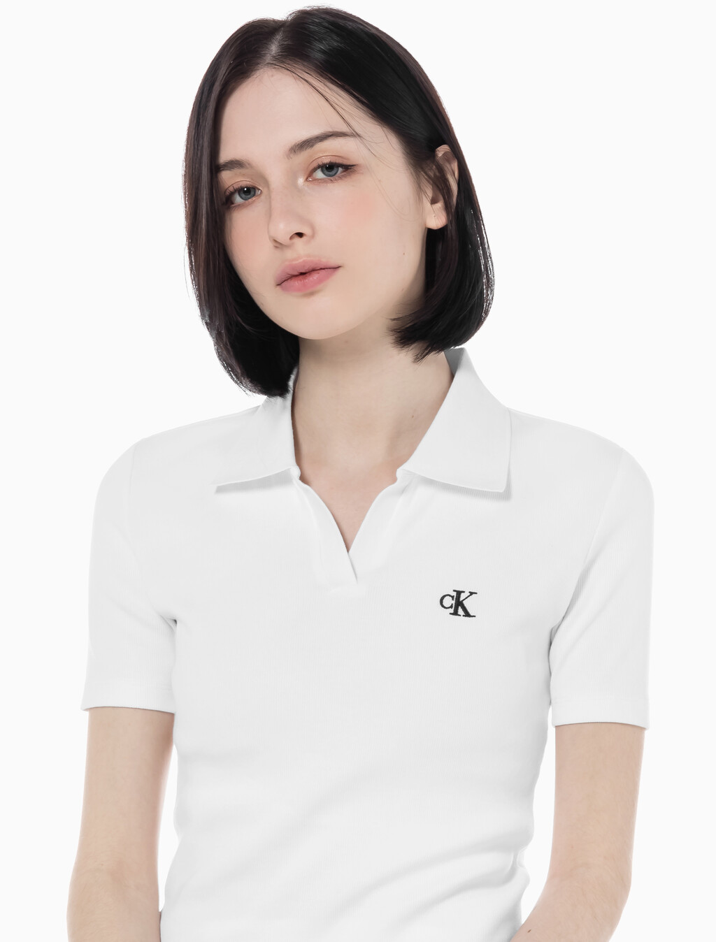 Buy 여성 슬림핏 립 브이넥 폴로 티셔츠 in color BRIGHT WHITE