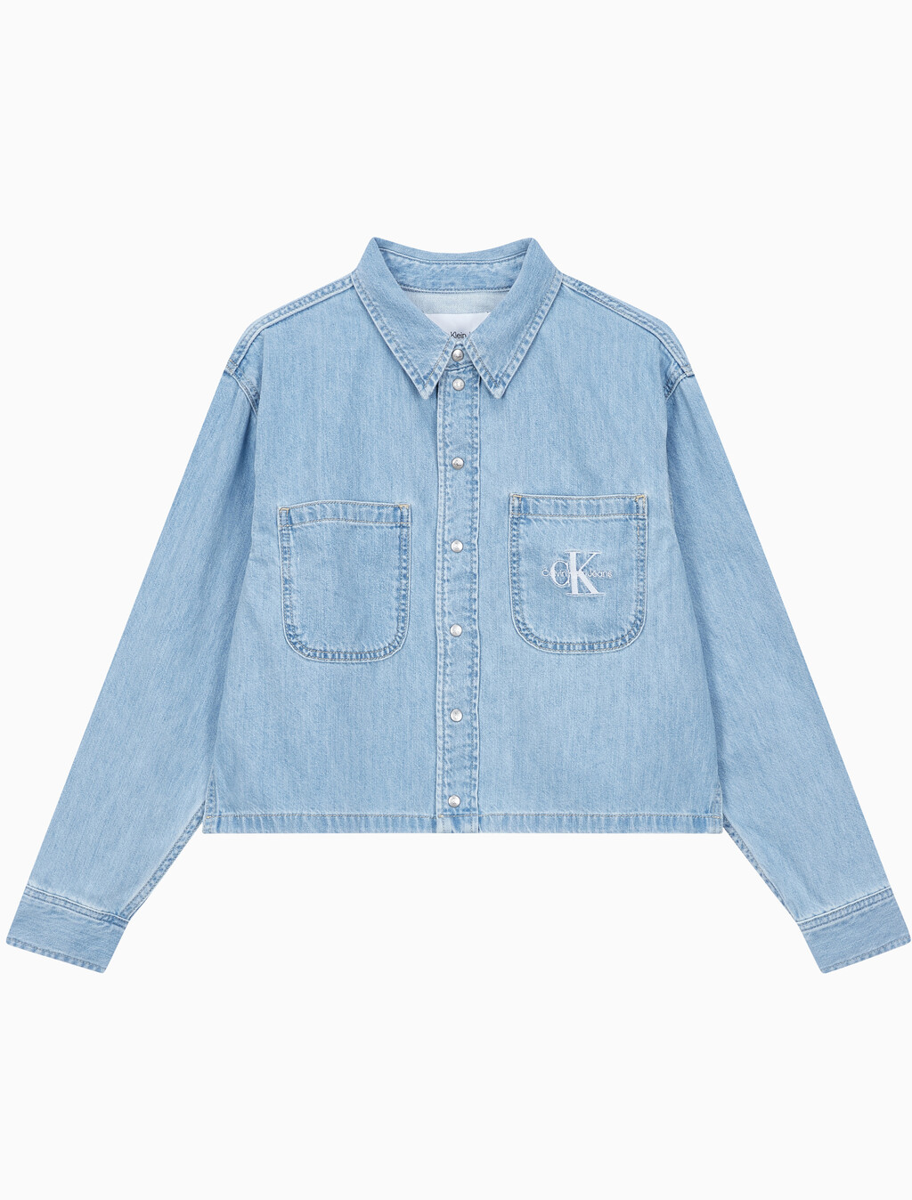 Buy 여성 대드핏 크롭 라이트 블루 데님 셔츠 in color CHALKY BLUE