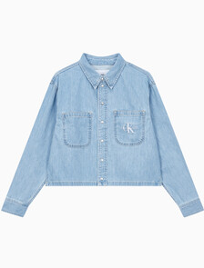 Buy 여성 대드핏 크롭 라이트 블루 데님 셔츠 in color CHALKY BLUE