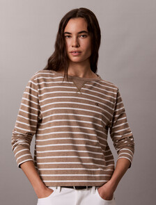 Buy 여성 모노그램 보트넥 스트라이프 티 in color Brown