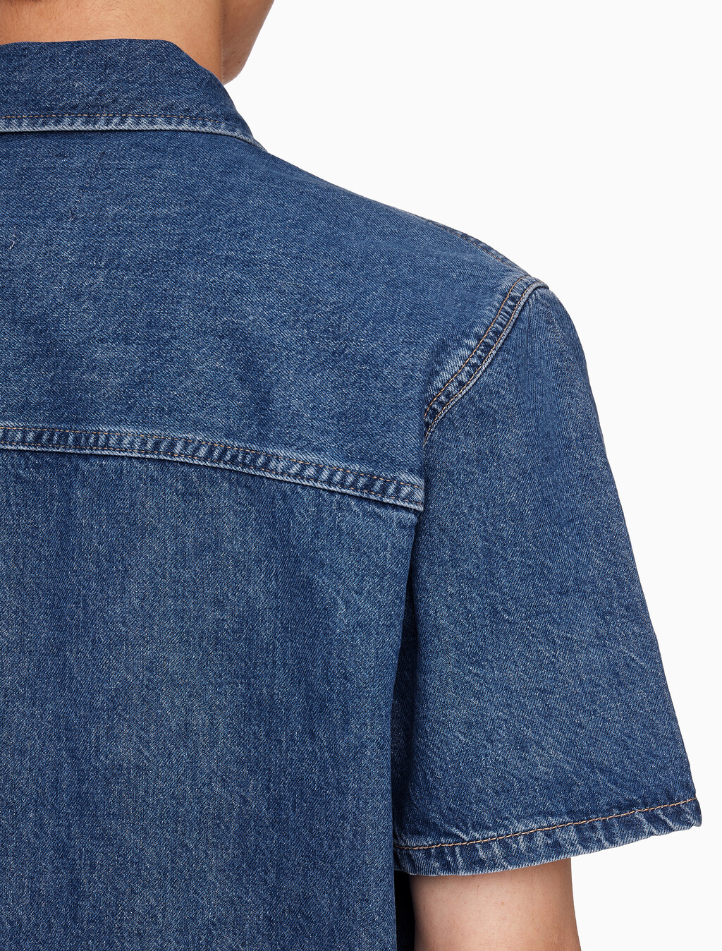 Buy 남성 데님 캠프 반팔 셔츠 in color MID BLUE BACK EMBRO