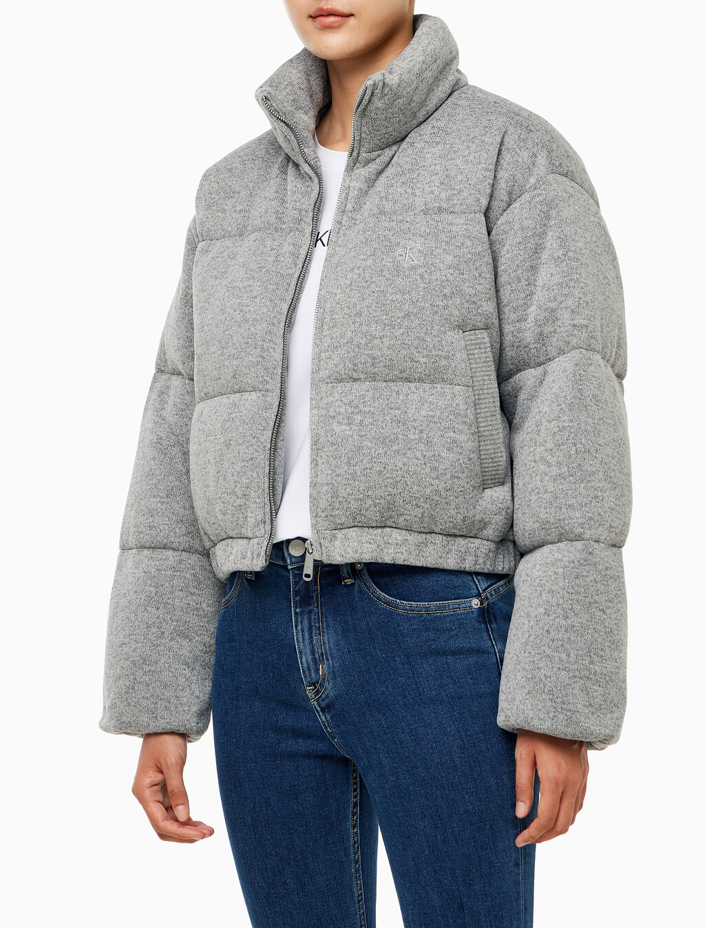 Buy 여성 크롭 니트 다운 푸퍼 in color GREY