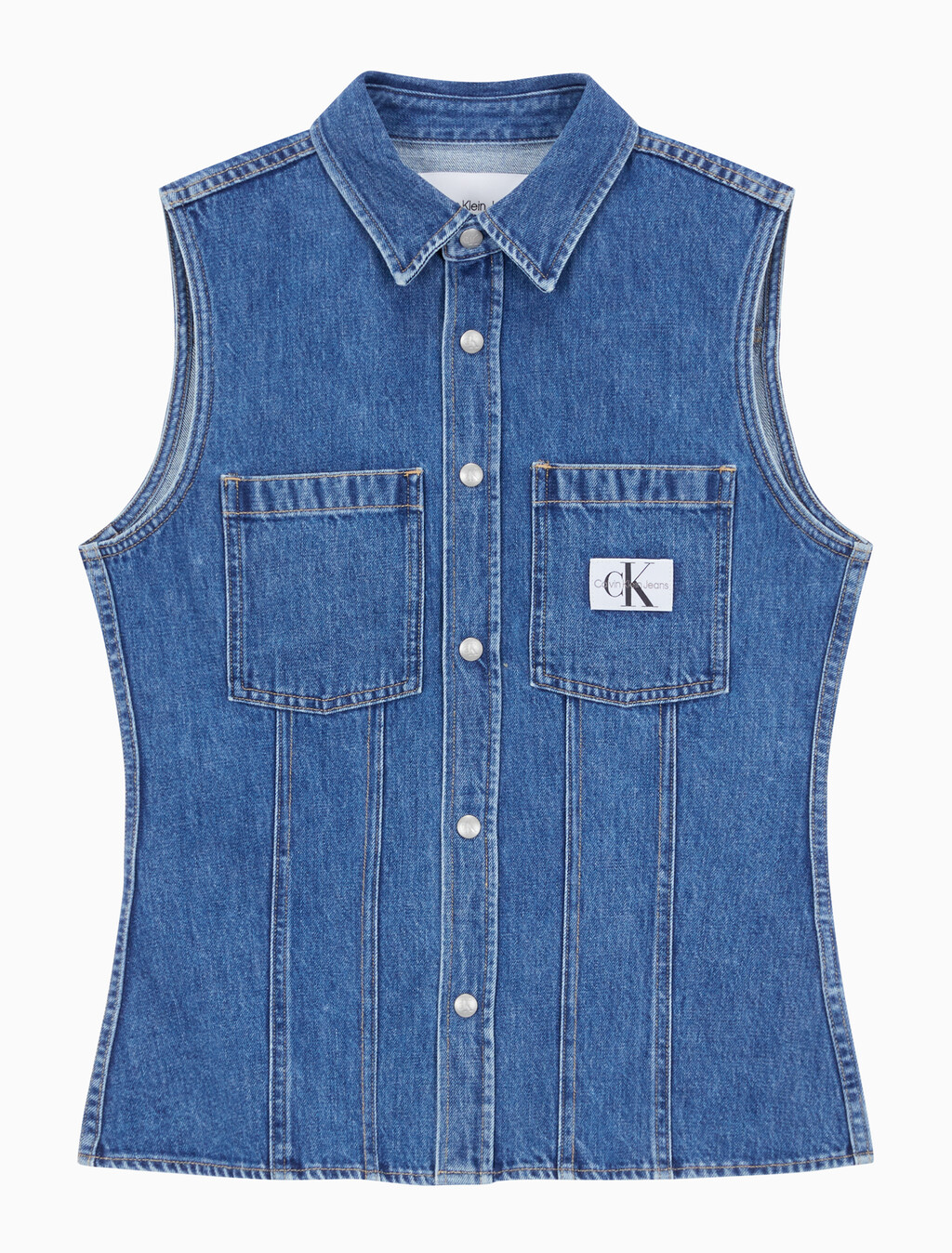 Buy 여성 슬리브리스 린 데님 셔츠 in color MID BLUE BACK EMBRO