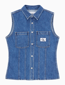 Buy 여성 슬리브리스 린 데님 셔츠 in color MID BLUE BACK EMBRO