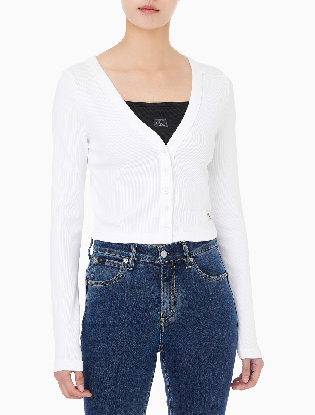 Buy 여성 롱슬리브 우븐 라벨 립 가디건 in color BRILLIANT WHITE