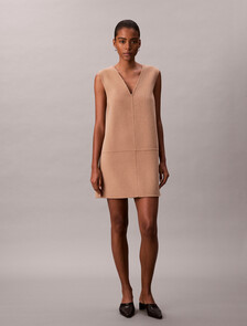 Buy 여성 더블 페이스 브이넥 미니 쉬프트 드레스 in color CAMEL