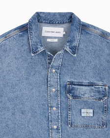 Buy 남성 오버사이즈핏 빈티지 데님 반팔 셔츠 in color MID BLUE BACK EMBRO