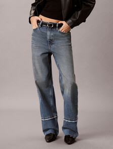 Buy 여성 하이라이즈 루즈 로우 헴 데님 in color Denim Blue
