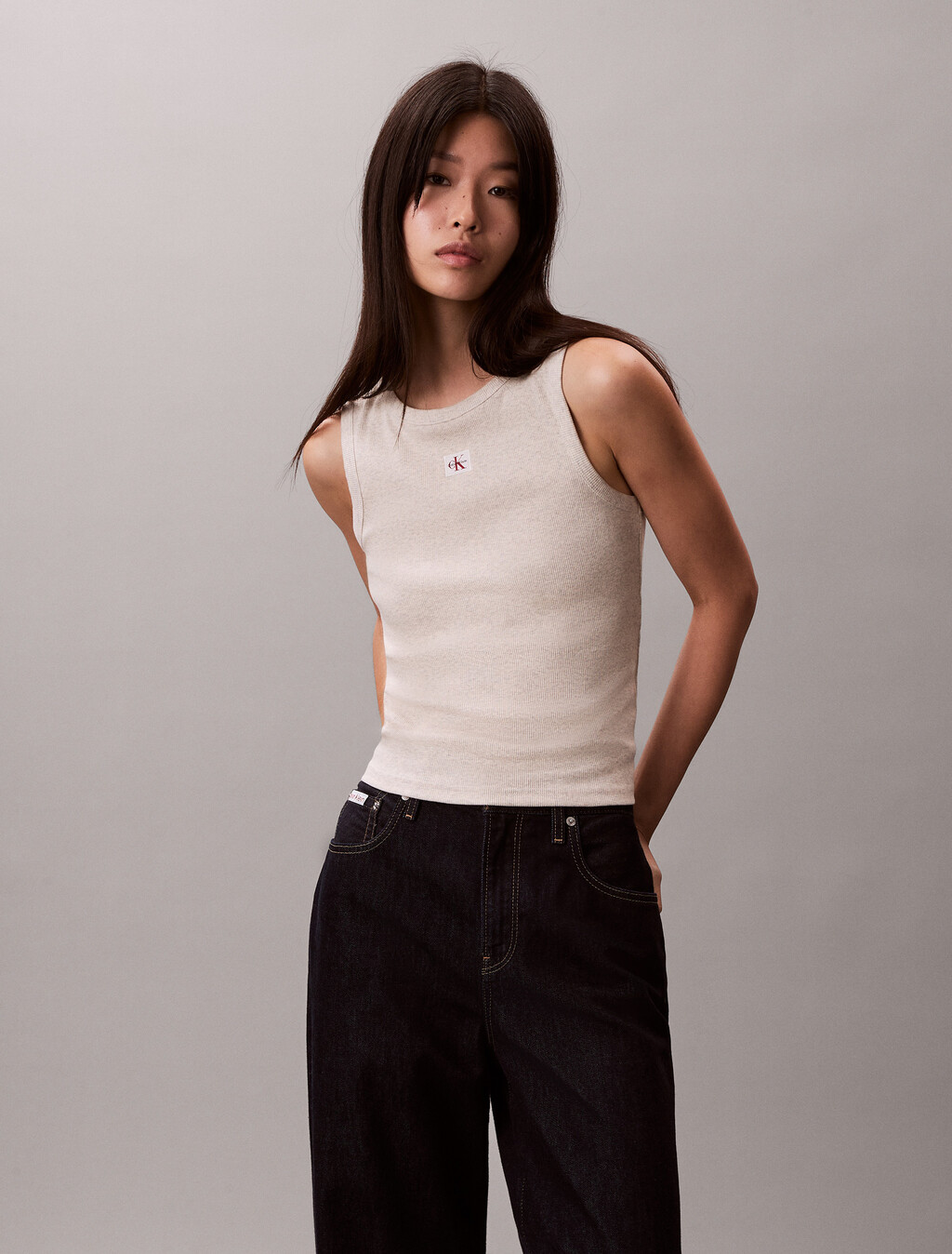 Buy 여성 우븐라벨 베이비립 탱크 in color VANILLA HEATHER