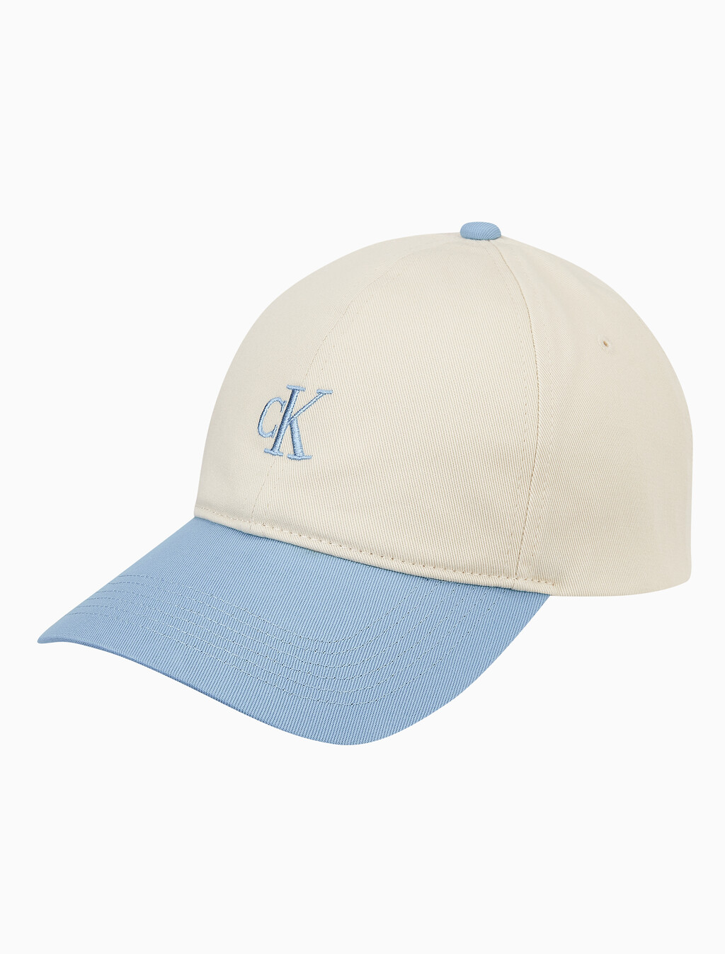 Buy 남녀공용 CKJ 스몰 모노그램 로고 컬러블락 볼캡 in color BLUE