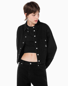 Buy 여성 크롭 대드 데님 셔츠 in color WASHED BLACK LOGO LACE