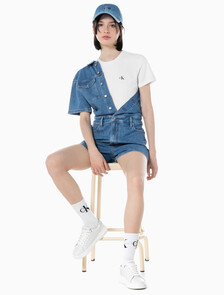 Buy 여성 미드블루 데님 숏 오버롤 in color MID BLUE BACK EMBRO
