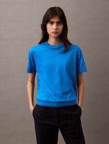 Buy 여성 실크터치 파인 목넥 반팔 티셔츠 in color HALOGEN BLUE