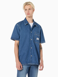 Buy 남성 데님 캠프 반팔 셔츠 in color MID BLUE BACK EMBRO