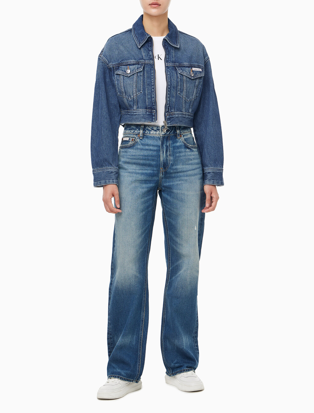 Buy 여성 크롭 미드 블루 데님 자켓 in color denim