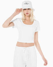 Buy 여성 엠보스 로고 U넥 크롭 반팔 티셔츠 in color BRIGHT WHITE
