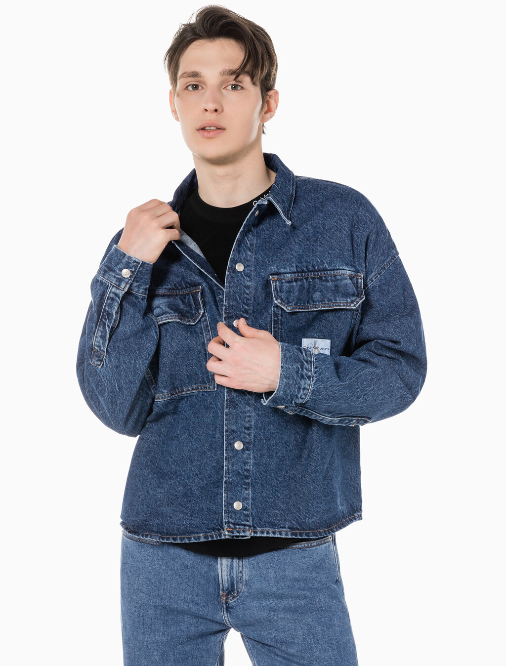 Buy 남성 루즈핏 박시 유틸리티 데님 셔츠 in color BLUE BLACK HANGER LOOP