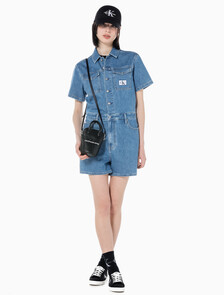 Buy 여성 미드블루 데님 숏 오버롤 in color MID BLUE BACK EMBRO