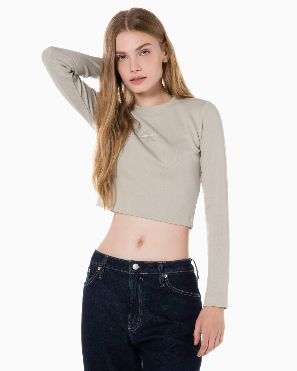 Buy 여성 롱슬리브 모노그램 베이비 티 in color BEIGE