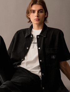 Buy 남성 데님 캠프 반팔 셔츠 in color WASHED BLACK LOGO LACE