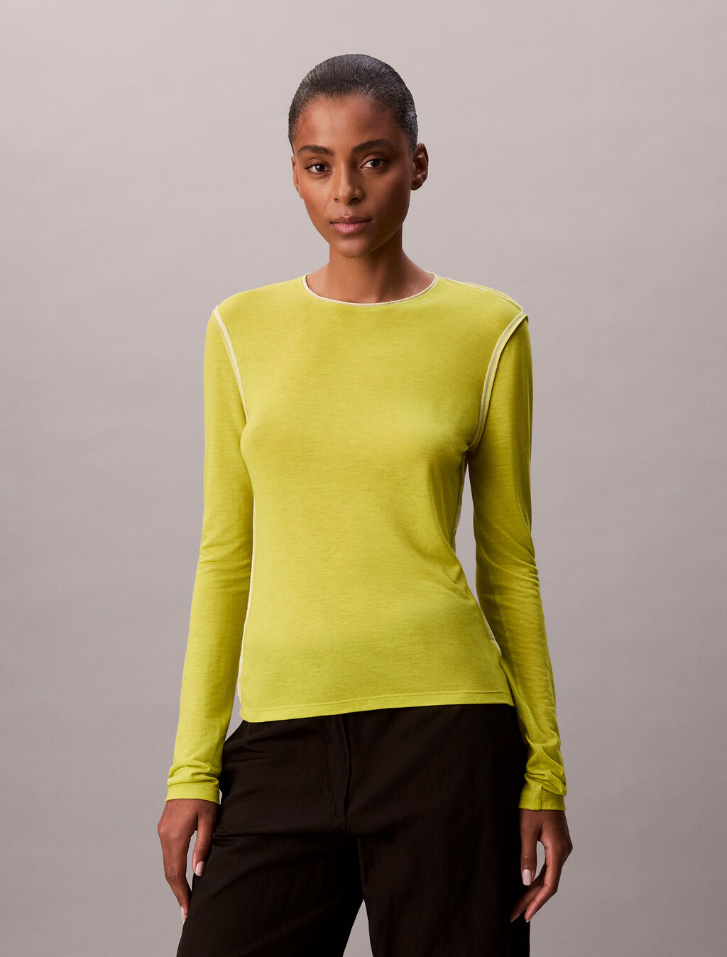 Buy 여성 L/S 쉬어 울 인사이드 아웃 티셔츠 in color yellow