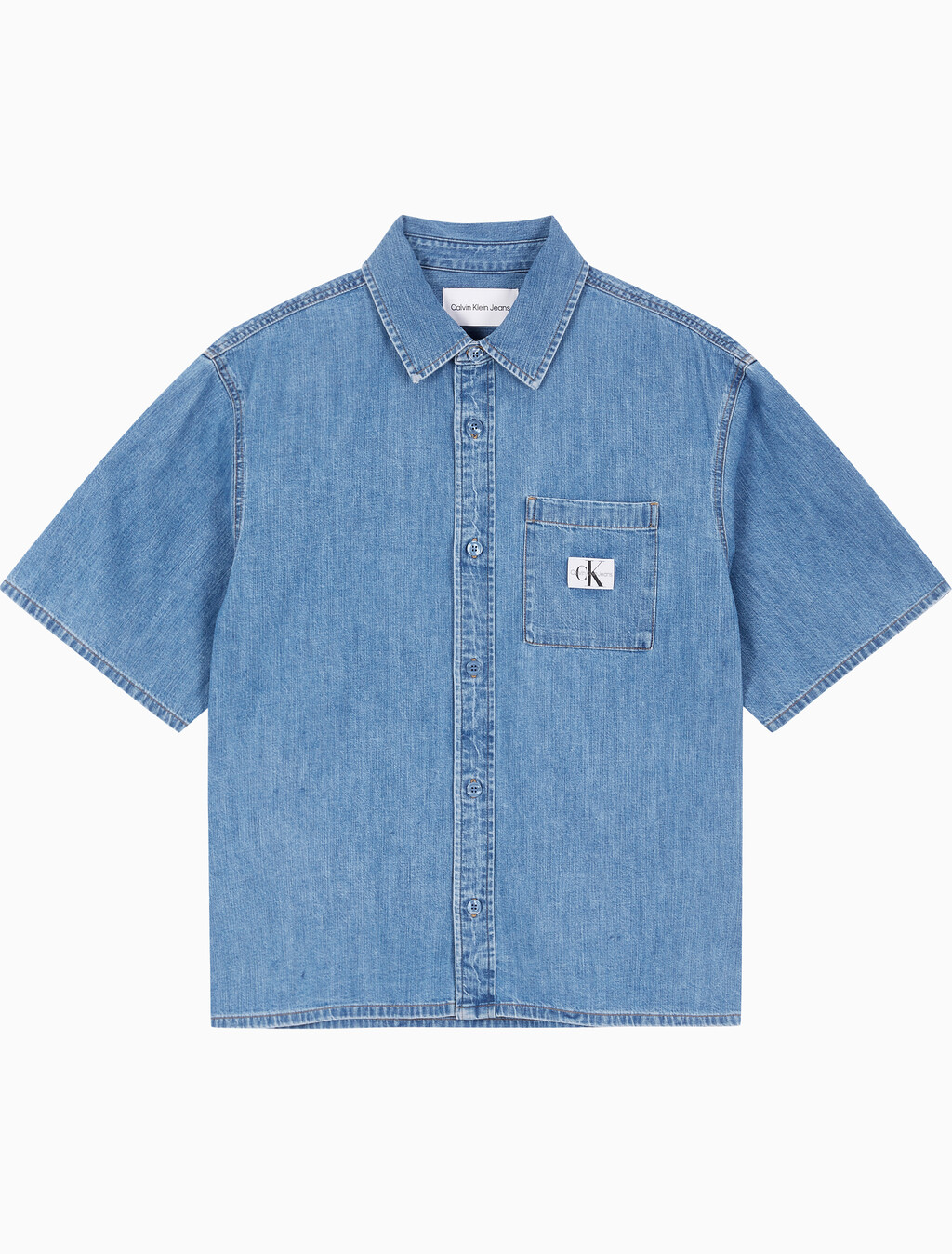 Buy 남성 캠프 반팔 데님 셔츠 in color MID BLUE BACK EMBRO