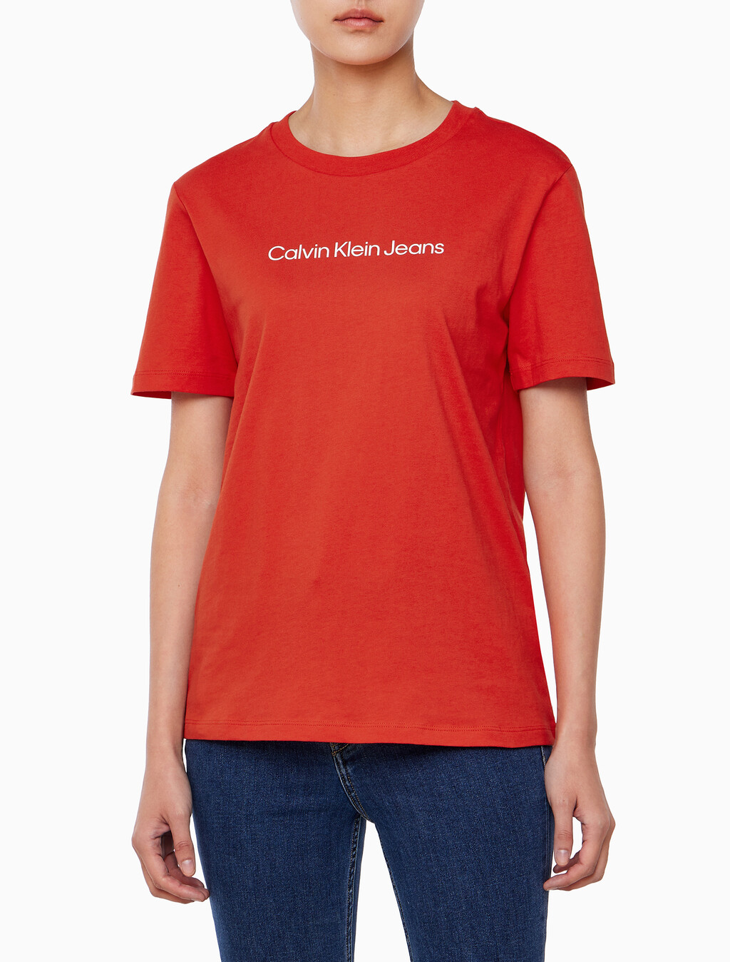 Buy 여성 인스티 로고 스트레이트핏 반팔 티셔츠 in color RED ALERT