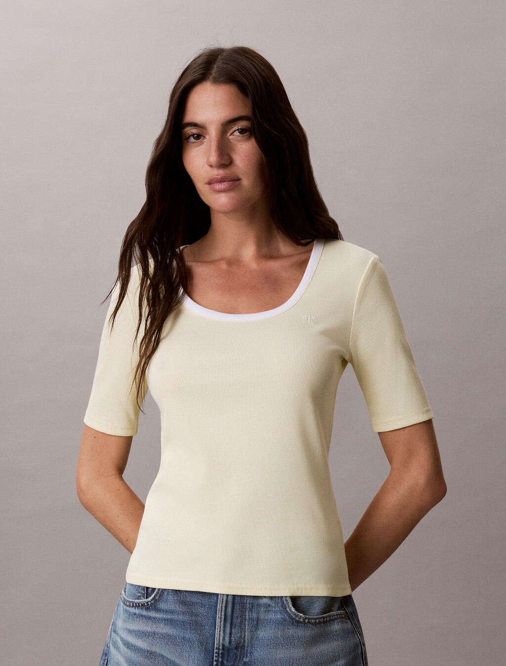 Buy 여성 베이비립 스쿱 컷아웃 탑 in color Light Yellow