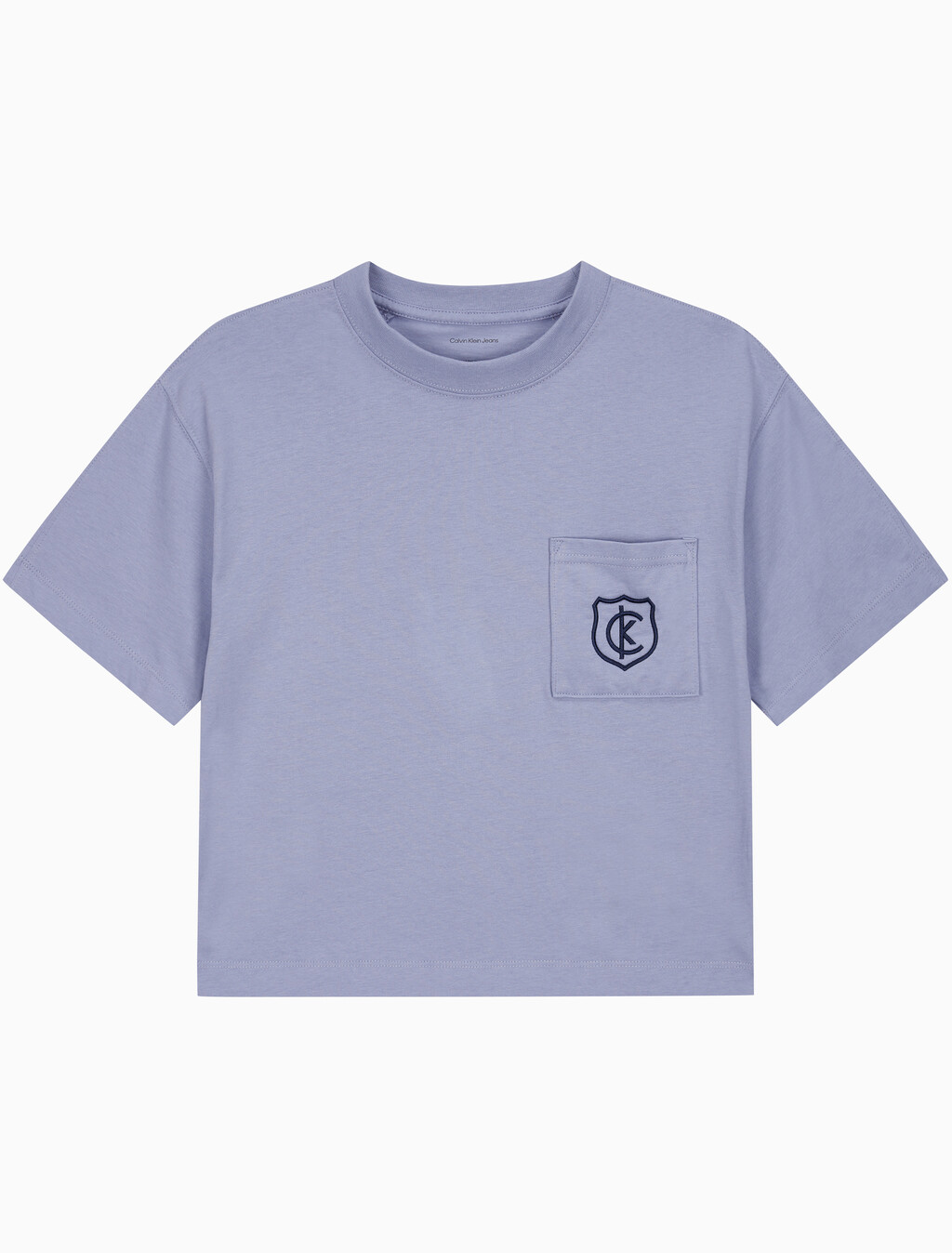 Buy 여성 박시 CK 크레스트 크롭 포켓 반팔 티셔츠 in color PERSIAN VIOLET