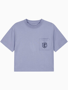 Buy 여성 박시 CK 크레스트 크롭 포켓 반팔 티셔츠 in color PERSIAN VIOLET