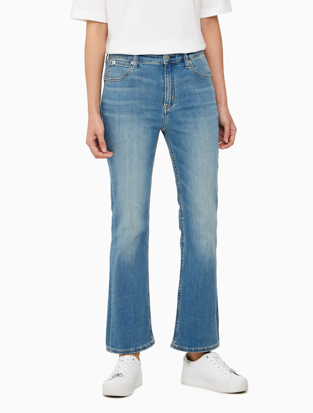 Buy 여성 하이라이즈 바디슬림 부츠핏 앵클 미드블루  데님 in color MID BLUE BACK EMBRO
