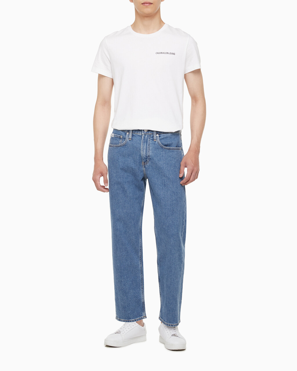 Buy 남성 90'S 스트레이트핏 크롭 데님 in color MID BLUE BACK EMBRO
