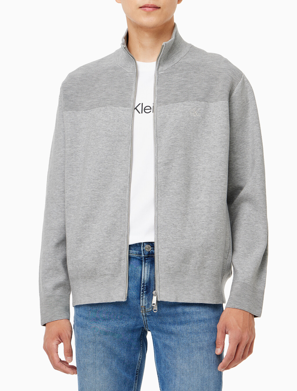 Buy 남성 스탠드 카라 니트 집업 가디건 in color LIGHT GREY HEATHER
