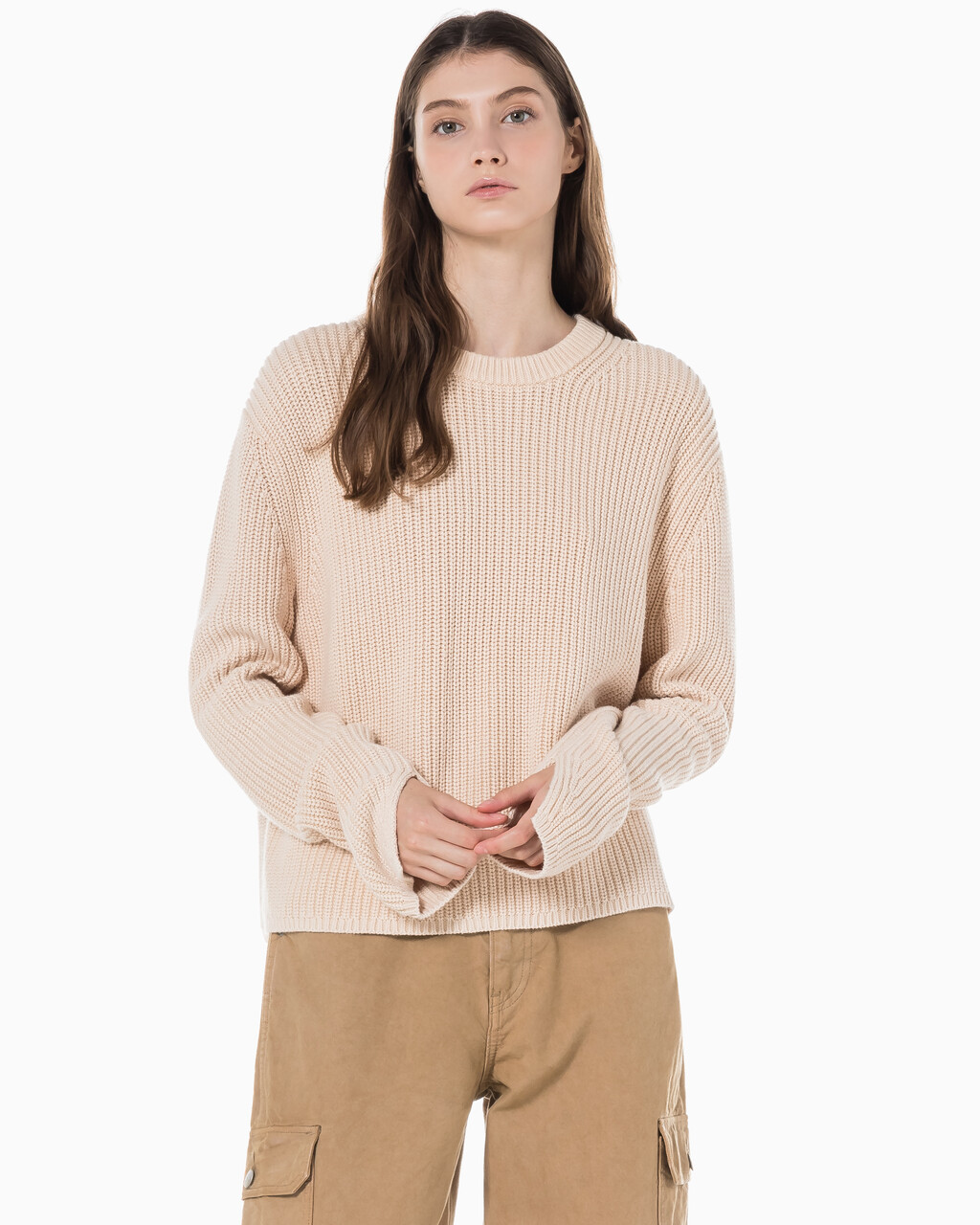 Buy 여성 롱슬리브 라운드넥 스웨터 in color Neutral Tan-231ABZ