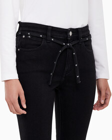 Buy 여성 하이라이즈 바디 부츠핏 앵클 블랙 기모 데님 in color WASHED BLACK LOGO LACE